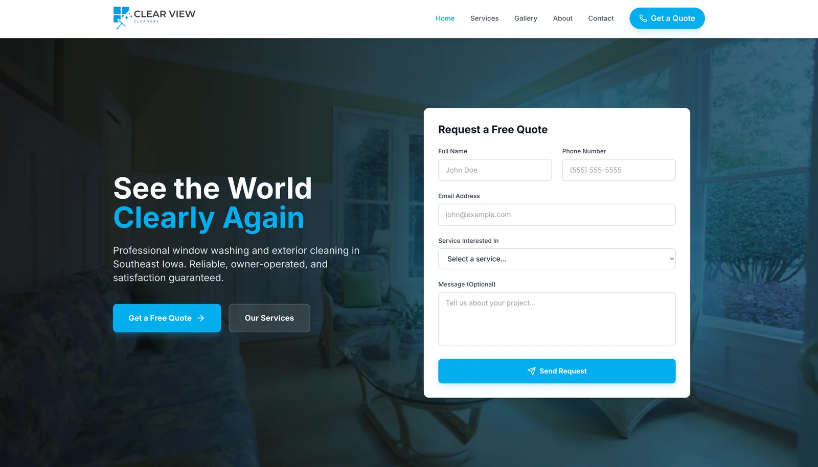 The Clear View Cleaners homepage with its quote request form